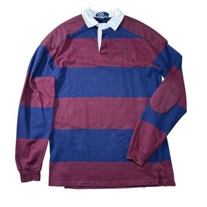 Polo Ralph Lauren Rugby Shirt Mens Large Maroon Blue Striped 90s Made In USA